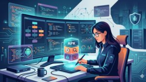 Иллюстрация процесса реверс-инжиниринга APK файла для анализа вредоносного кода в современном стиле